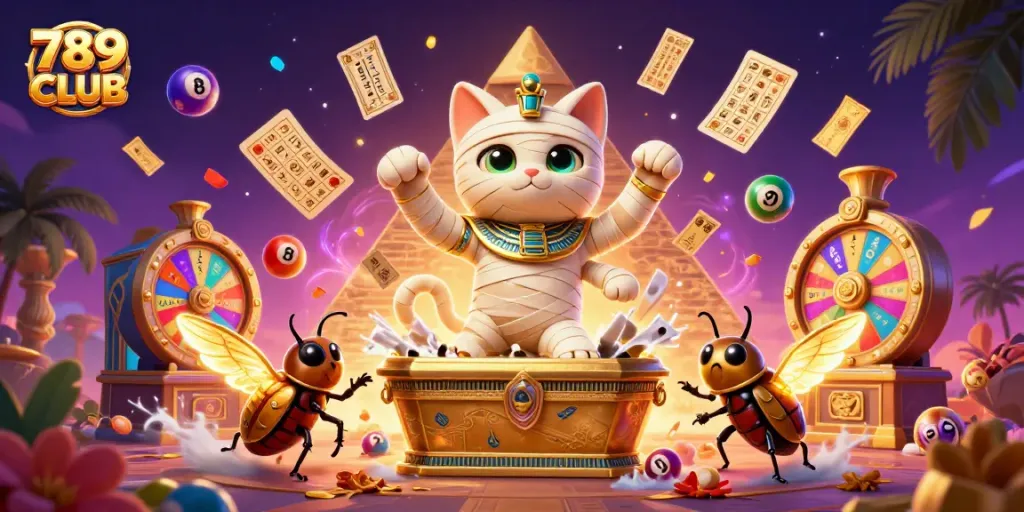 Engaging illustration showcasing the excitement of 789 CLUB with a mummy cat and vibrant casino elements.