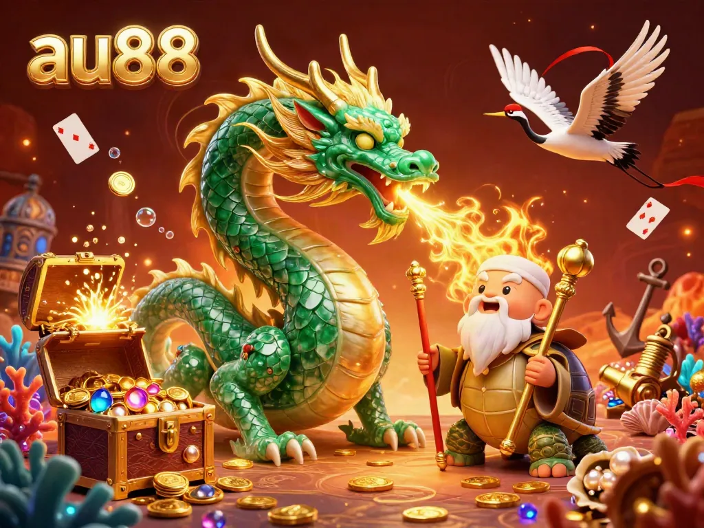 Engage with the thrilling world of au88, featuring a jade dragon, treasure, and colorful gems in a vibrant casino scene.