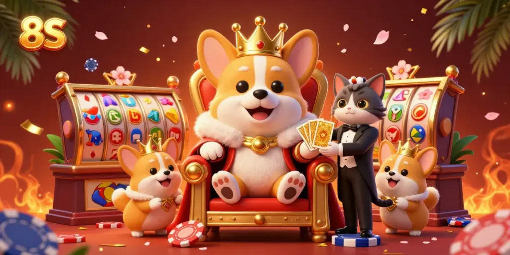 Spin the reels with 8S in this vibrant casino scene showcasing a royal corgi on a throne.
