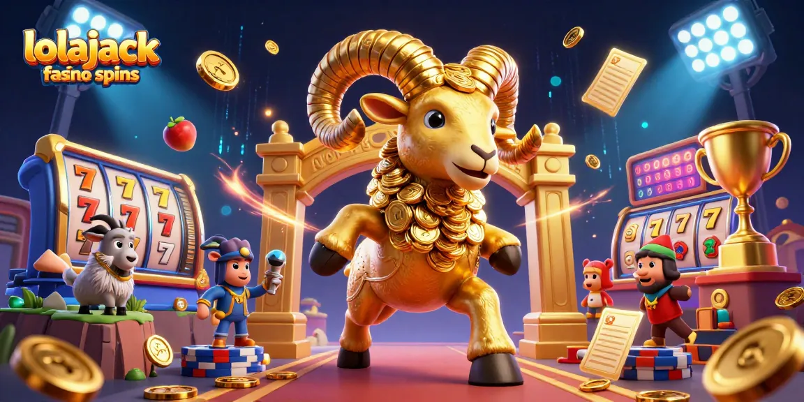 Lolajack casino free spins show a golden ram charging through slot reels and coins, creating excitement.