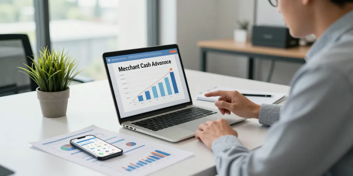 Entrepreneur evaluating merchant cash advance uk options in a modern office setting with financial documents and charts.