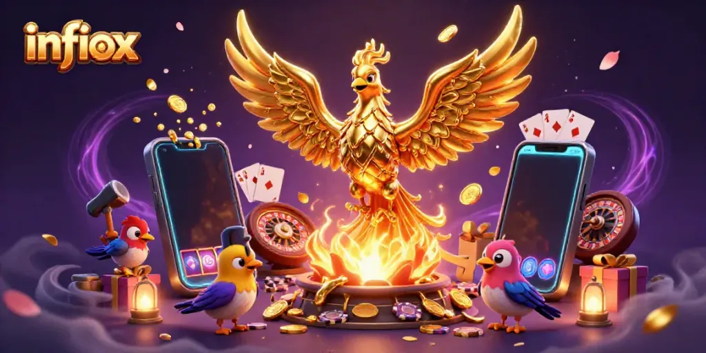 Infiox presents a dynamic illustration of a molten metal phoenix alongside a vibrant smartphone slot game, symbolizing online gambling excitement.