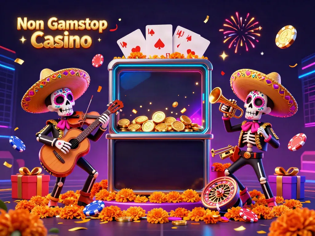 Experience the lively atmosphere of Non Gamstop Casino with a vibrant mariachi band surrounded by gaming elements.