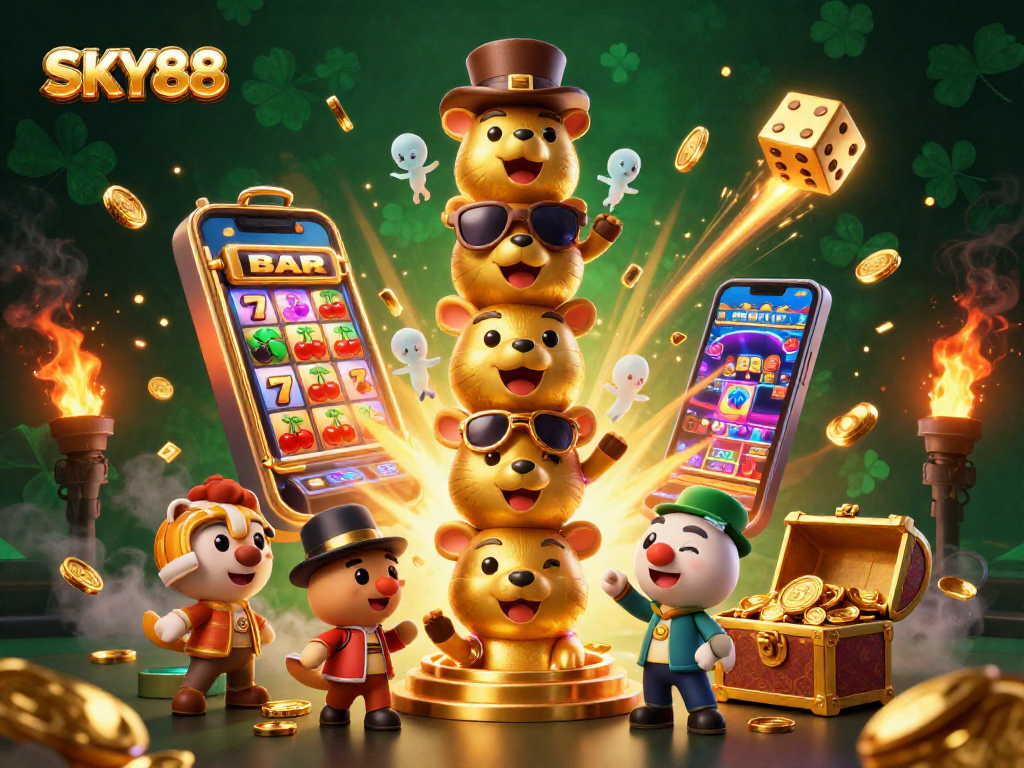 Engage with SKY88's vibrant casino universe featuring a golden totem pole and a thrilling slot machine.