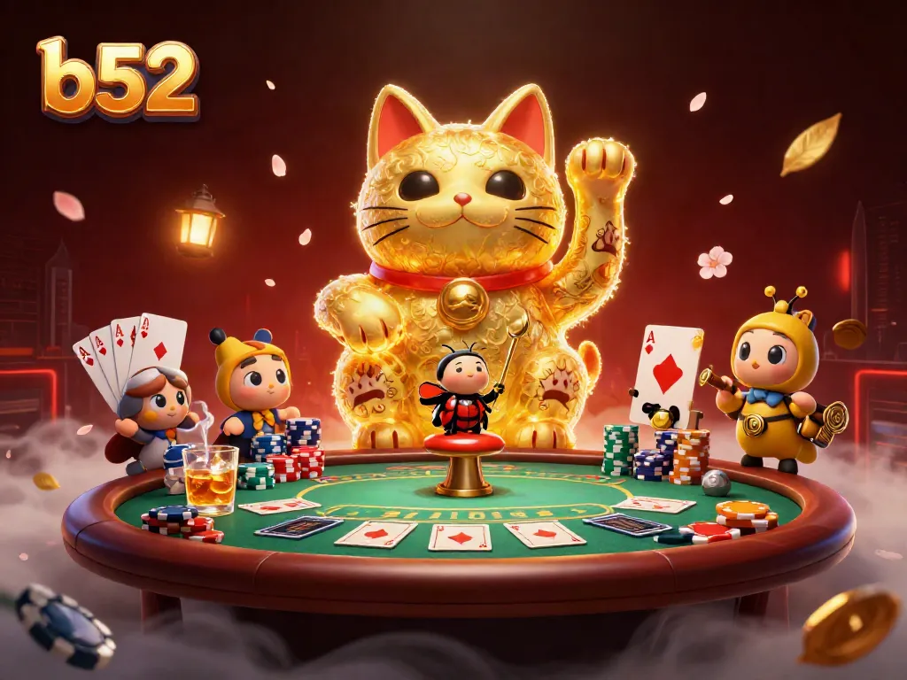 Experience the thrilling world of B52 with a lucky cat composed of fireflies amidst vibrant casino elements.