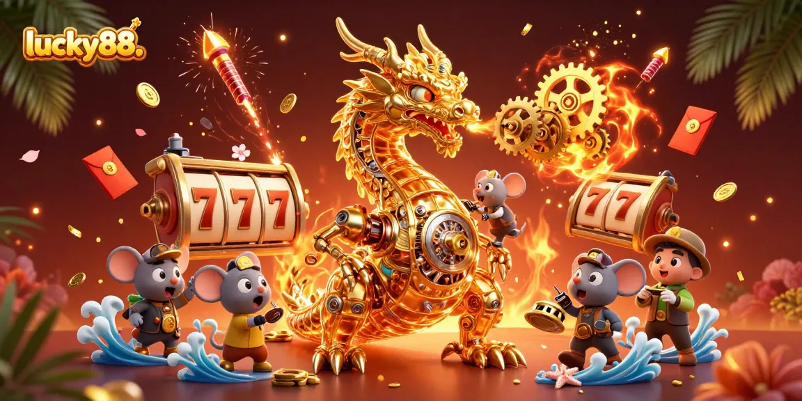 Experience thrilling action at lucky88. with a dynamic golden dragon breathing gears in a vibrant casino scene.