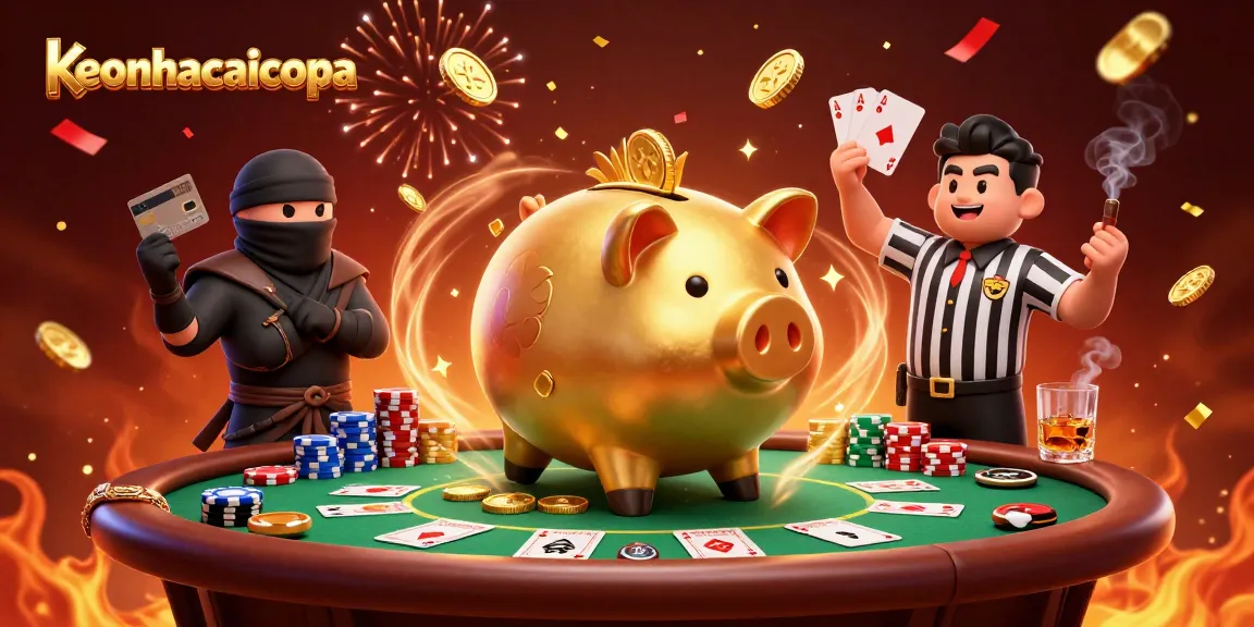 Engage with the action-packed scene of keonhacaicopa featuring a vibrant golden piggy bank wrestler amidst poker game elements.
