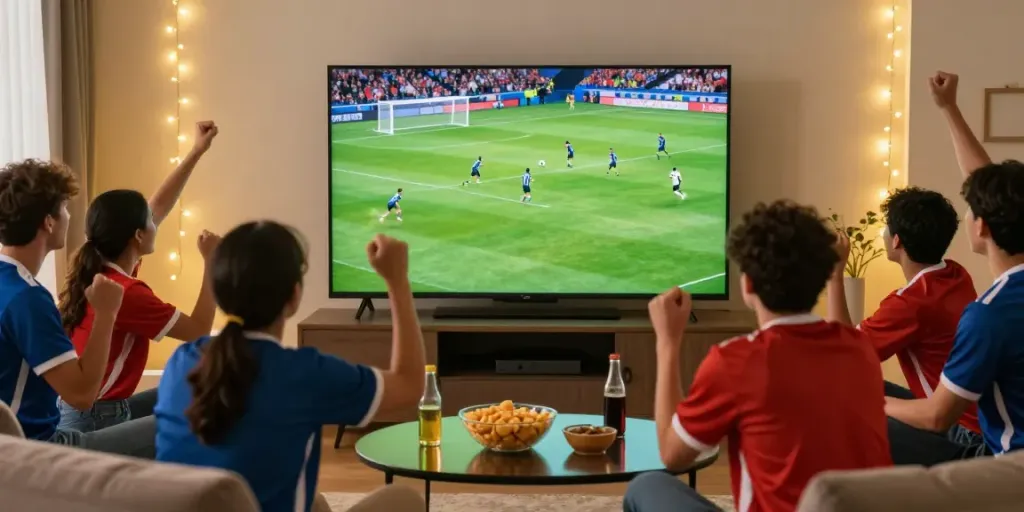 Xoilactv live football viewing party with friends, engaging atmosphere, and excitement during a match.