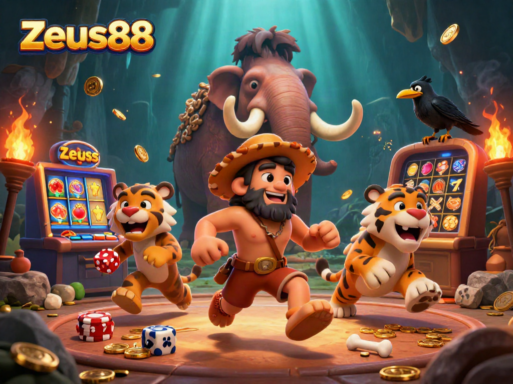Zeus88 brings thrilling slots action with caveman duo and majestic tiger in a vibrant casino scene.
