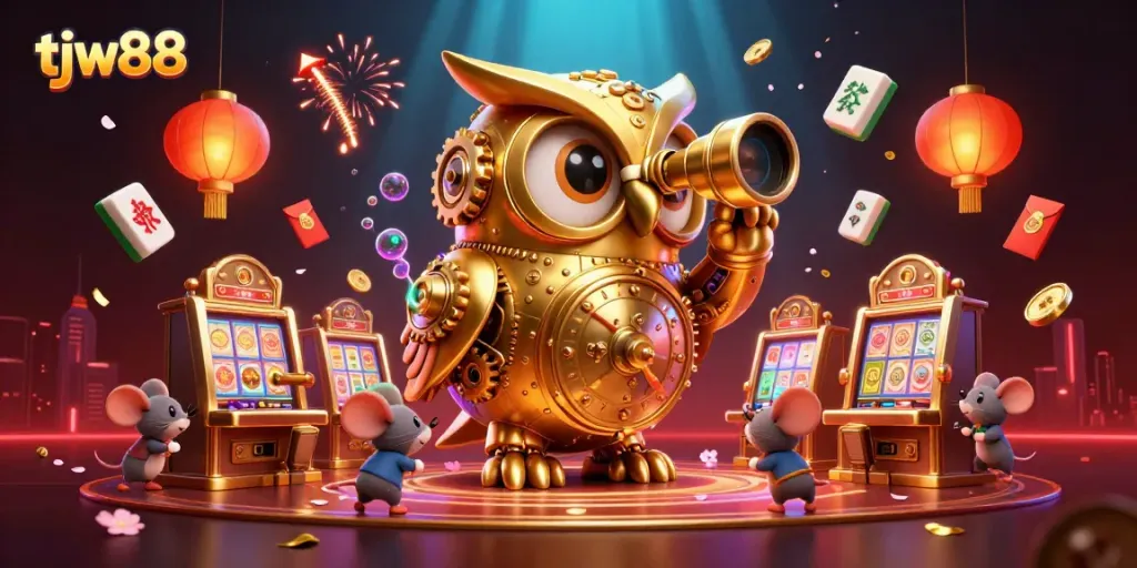Experience the thrill of tjw88 with a dynamic casino illustration featuring a golden owl and vibrant game elements.