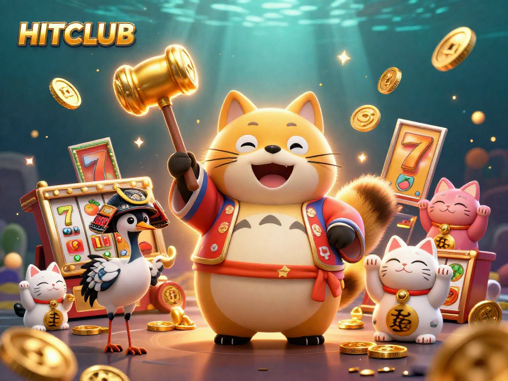 Experience the thrill of HITCLUB with dynamic 3D casino illustration featuring slot reels and fortune cats.