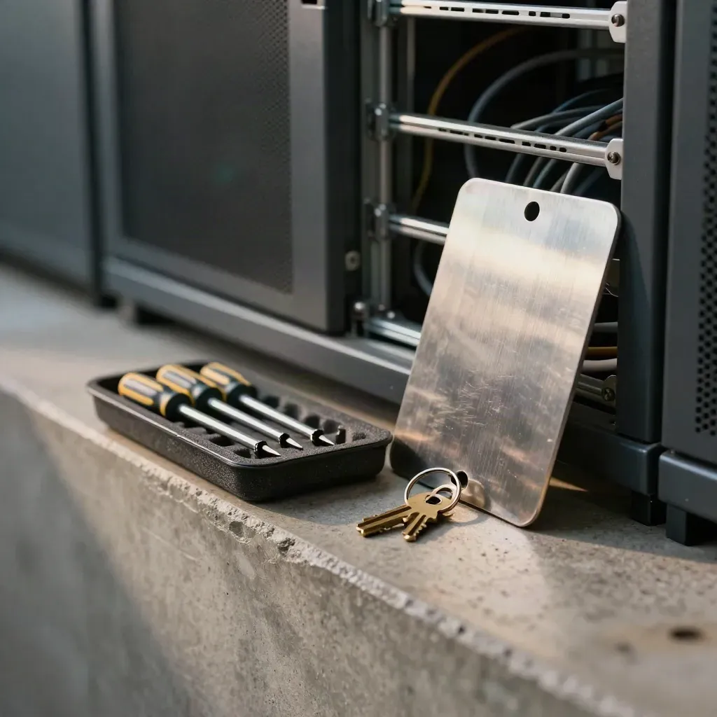Precision screwdriver set, rack keys and blanking plate beside an open server cabinet on warm concrete.