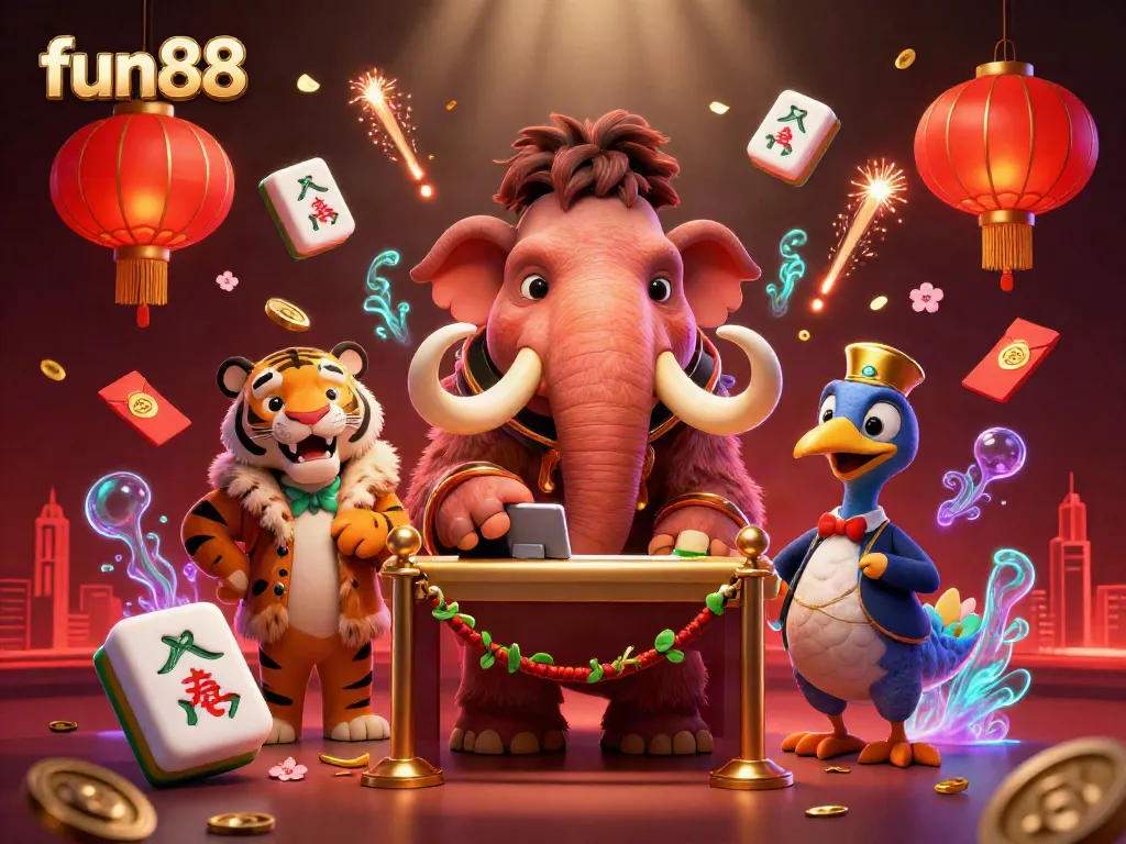 Experience excitement at fun88 with a vibrant casino scene featuring animated characters and game elements.