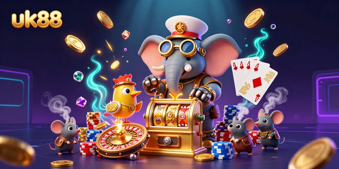 Play thrilling casino games like uk88 with an enchanting steampunk elephant engineering slot machines amidst a spectacular backdrop.