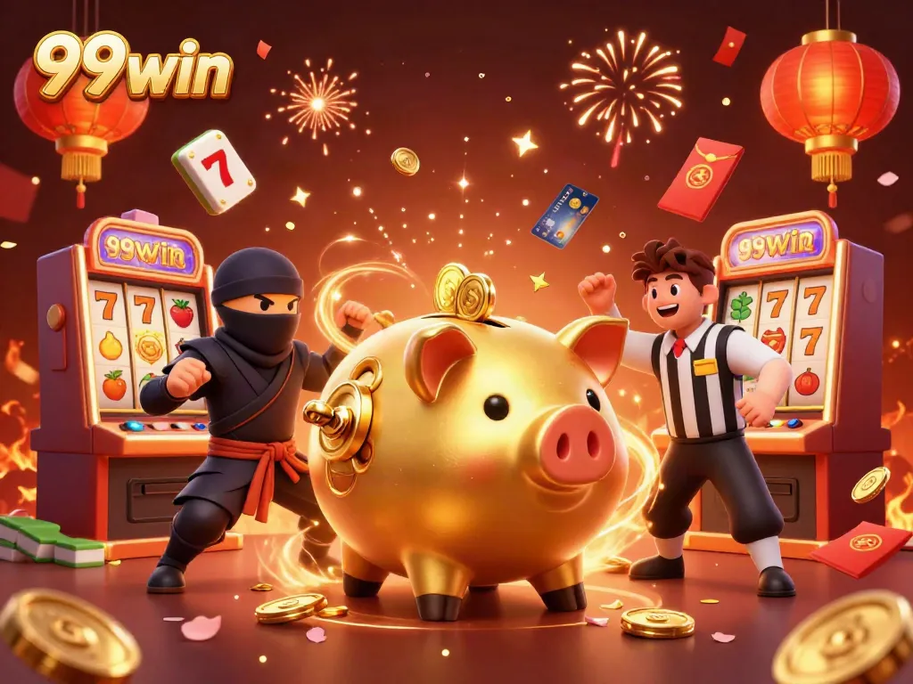 Experience the excitement of 99win with a vibrant 3D casino showdown featuring colorful characters and slot machines.
