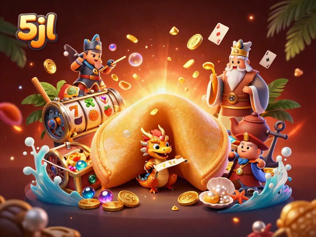 Play exciting games with the 5jl theme featuring a golden fortune cookie and rich casino elements.