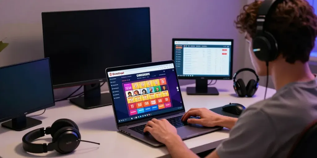 Engaged player exploring the Dewatogel online lottery platform on their laptop with vibrant game interface.