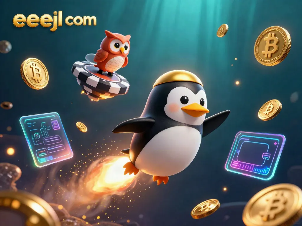 Engage with eejl com at a vibrant casino scene featuring a golden penguin and poker chip space station.