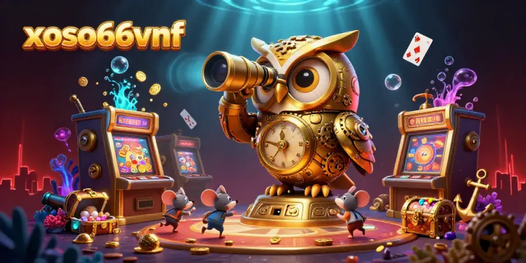Engage in thrilling gameplay with xoso66vnf, featuring a golden owl surveying a vibrant casino scene.