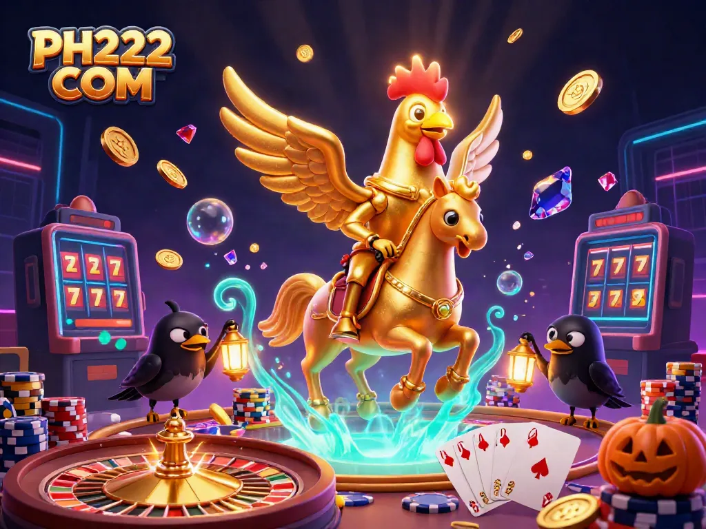 Experience thrilling gameplay at PH222 COM casino with vibrant reels, golden coins, and exciting characters.