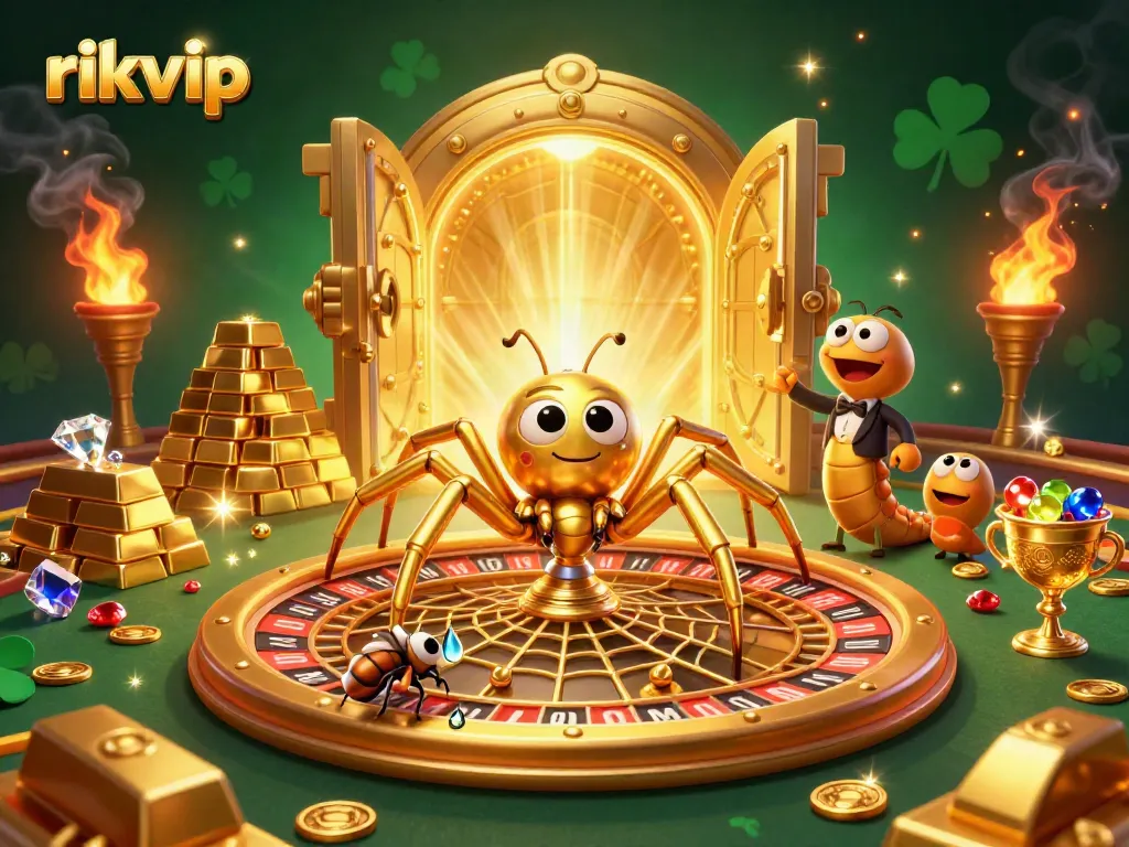 Place bets on rikvip featuring a lively roulette wheel with a golden spider and croupier in action.