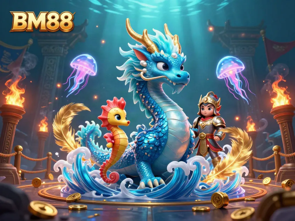 Engage with BM88's dynamic underwater world, showcasing a dragon and seahorse in a vibrant casino setting.