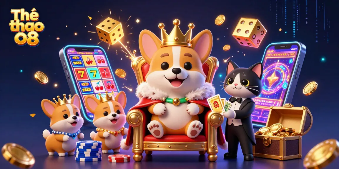 Experience the excitement of Thể thao o8 casino with a dynamic illustration of a royal corgi surrounded by vibrant gambling elements.