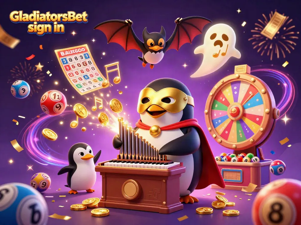 Engage with GladiatorsBet sign in through an extravagant illustration featuring a whimsical penguin and dynamic casino elements.
