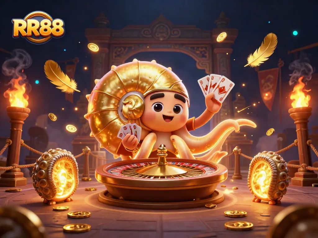 Experience thrilling gaming action at RR88 with an ancient nautilus roulette wheel amidst vibrant casino elements.
