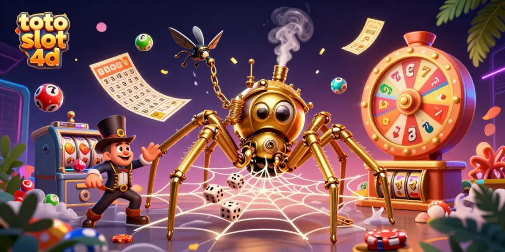 Engage with toto slot 4d through vibrant casino themes, featuring a steampunk spider capturing dice in a web.