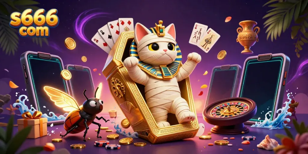 Experience dynamic gameplay with the Egyptian mummy cat and golden scarab in the vibrant s666 com casino.