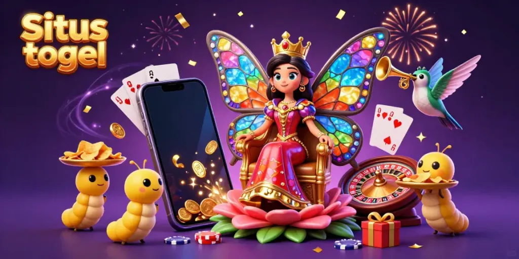 Situs togel captivating scene featuring a butterfly queen and 3D casino elements with festive energy.