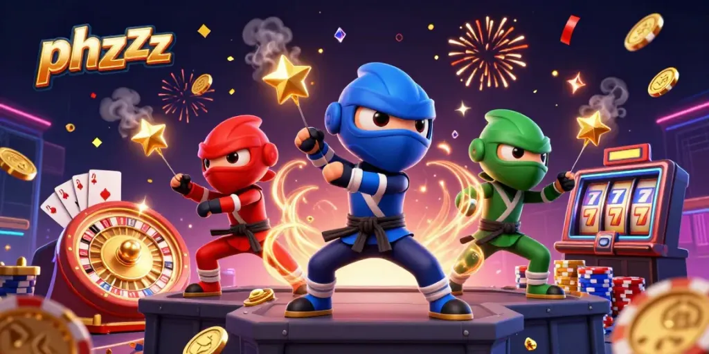 Engaging phzzz scene showcasing ninja chameleons amidst casino elements, celebrating wins.