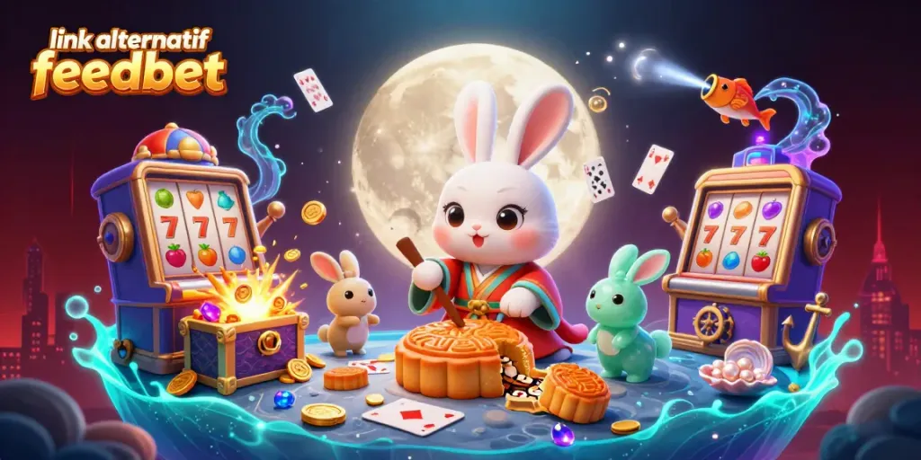 Engage with the exciting link alternatif feedbet as vibrant cartoon characters celebrate jackpots, surrounded by animated slot reels and treasure.