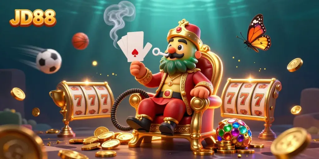 Experience JD88's vibrant gaming atmosphere with an enchanting caterpillar, slot reels, and sports elements.