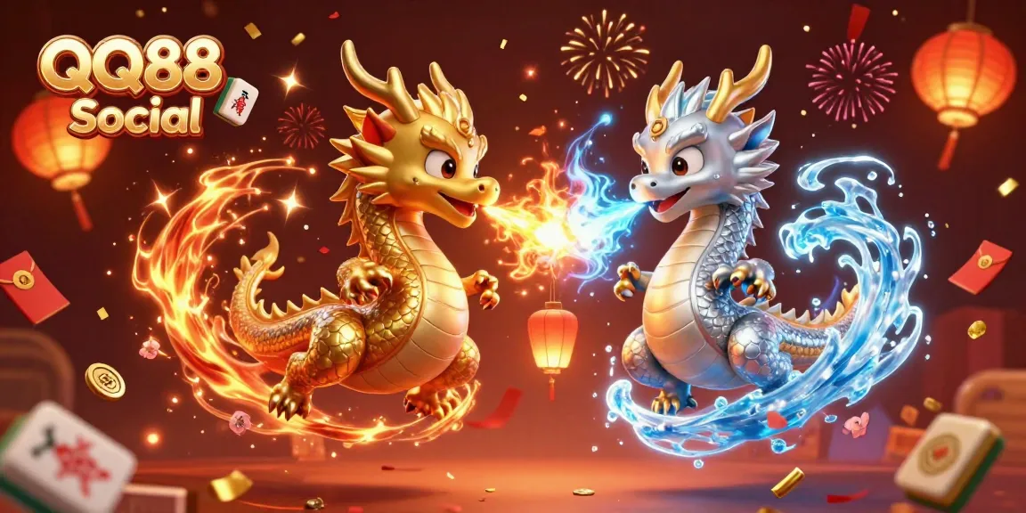 Experience thrilling gaming at QQ88 Social with vibrant dragons, fireworks, and casino elements.