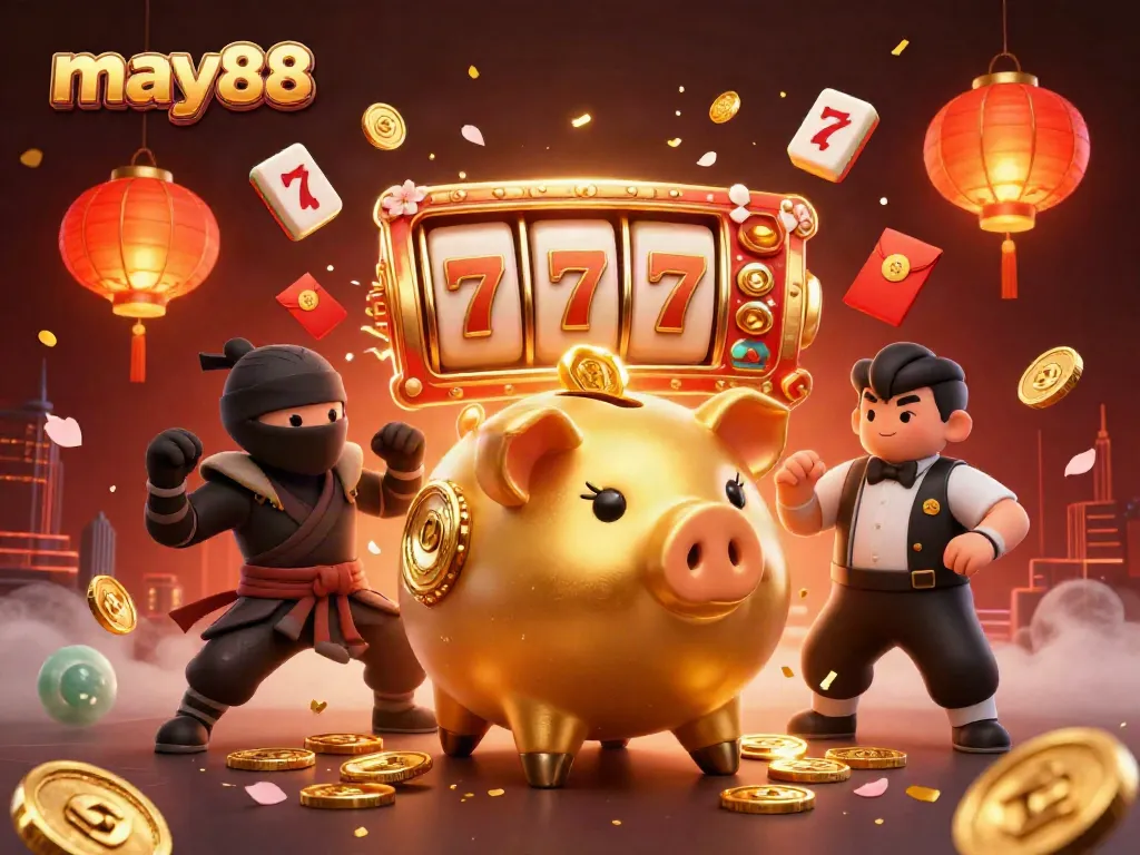 Experience thrilling gameplay with may88's massive golden piggy bank and dynamic casino elements.