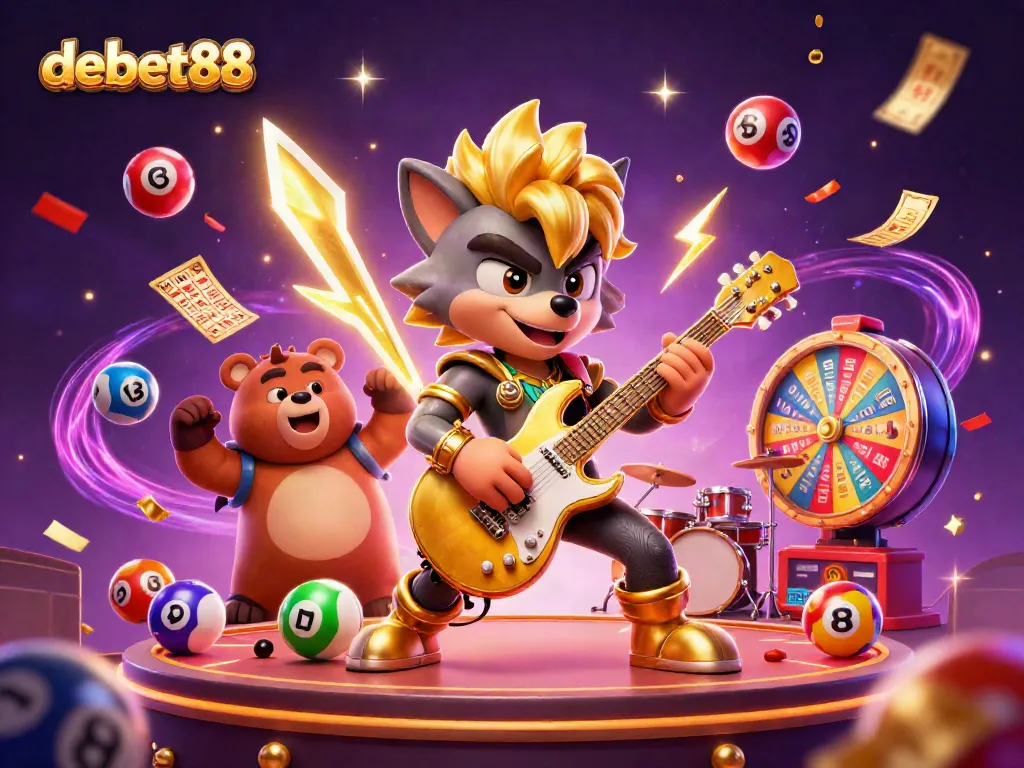 Engage with debet88's vibrant casino atmosphere featuring a rock star wolf and thrilling games.