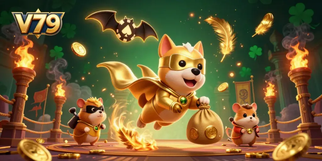 Experience the excitement of V79 with a superhero dog soaring through a casino-themed sky full of gold.
