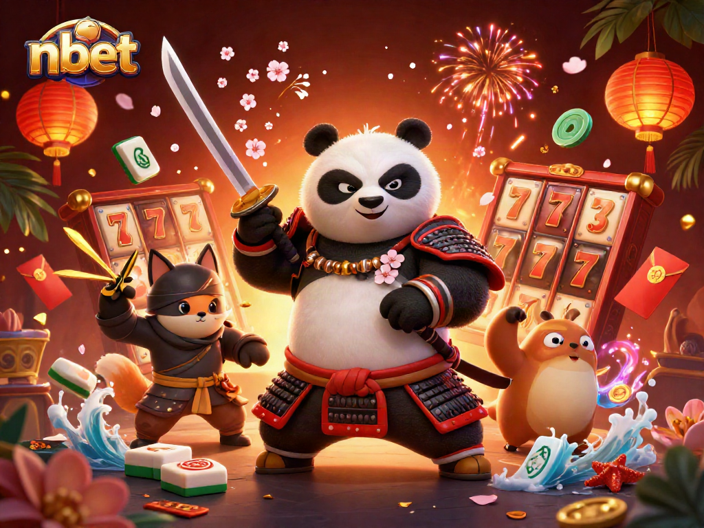 Experience nbet's thrilling casino adventure with samurai panda and ninja fox surrounded by vibrant game elements.