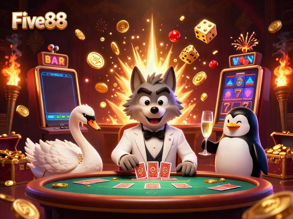 Experience excitement at Five88 with a charming wolf, elegant swan, and sophisticated penguin in a lively casino setting.