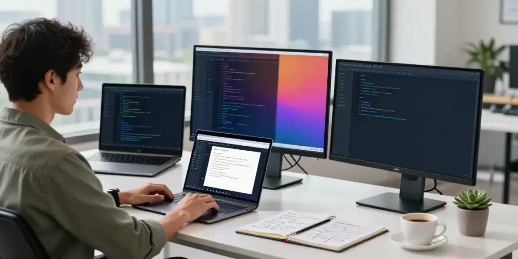 PBN hosting setup with a developer coding and managing multiple websites in a modern workspace environment.