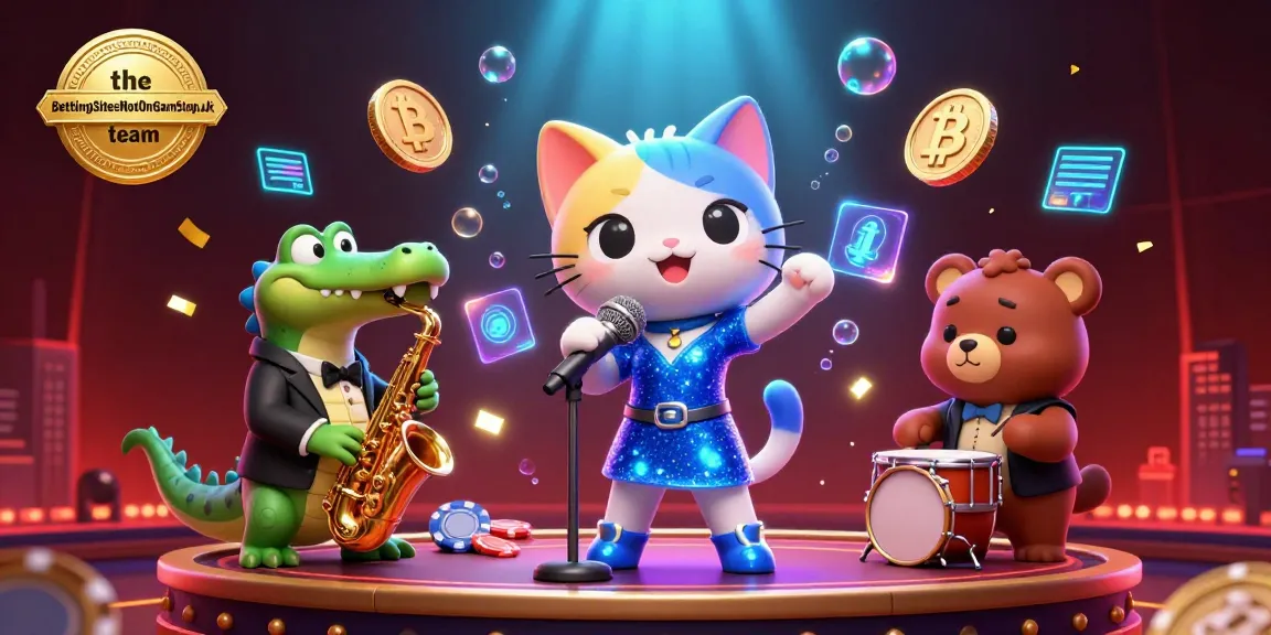 The BettingSitesNotOnGamStop.uk team showcases a lively casino scene with cryptocurrency elements, vibrant characters, and rich details.