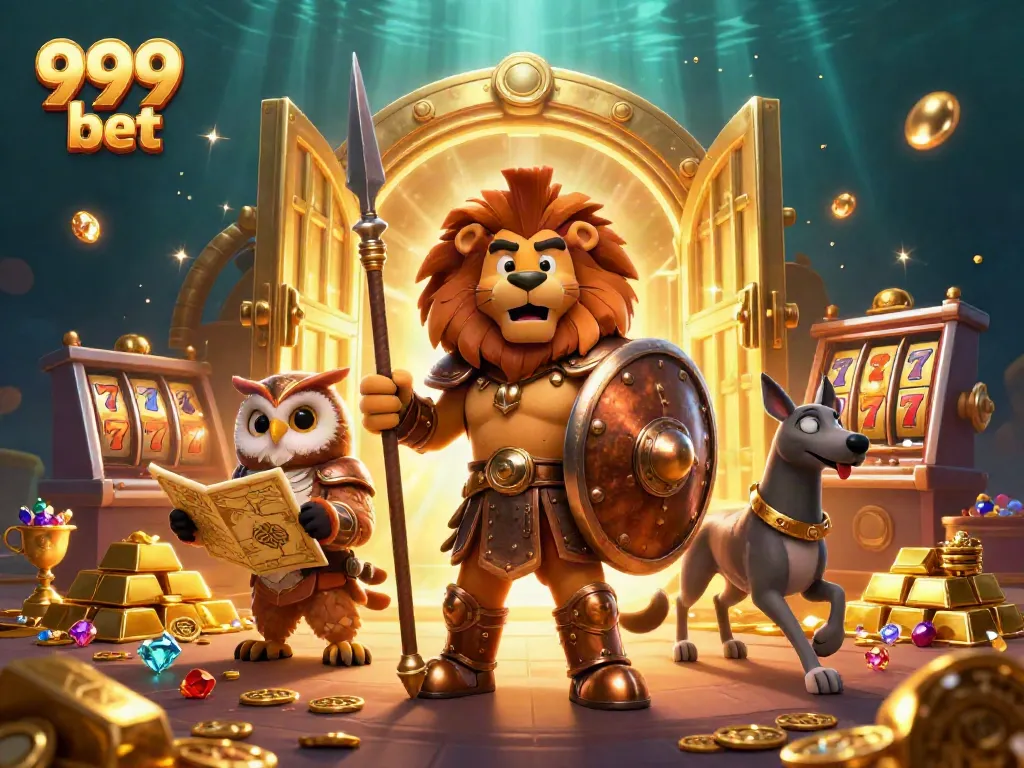 Engage with the thrilling world of 999 bet through this vibrant casino scene featuring a Spartan lion, owl strategist, and greyhound messenger.