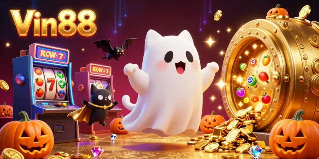 Engage in Vin88 casino excitement with a vibrant scene featuring a ghost cat, vampire bat, and glowing jack-o-lanterns.