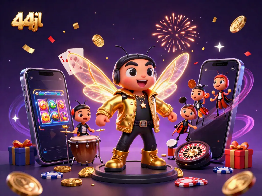 Experience the thrilling world of 44jl with a vibrant scene featuring a cicada rock star, exciting casino elements, and festive fireworks.