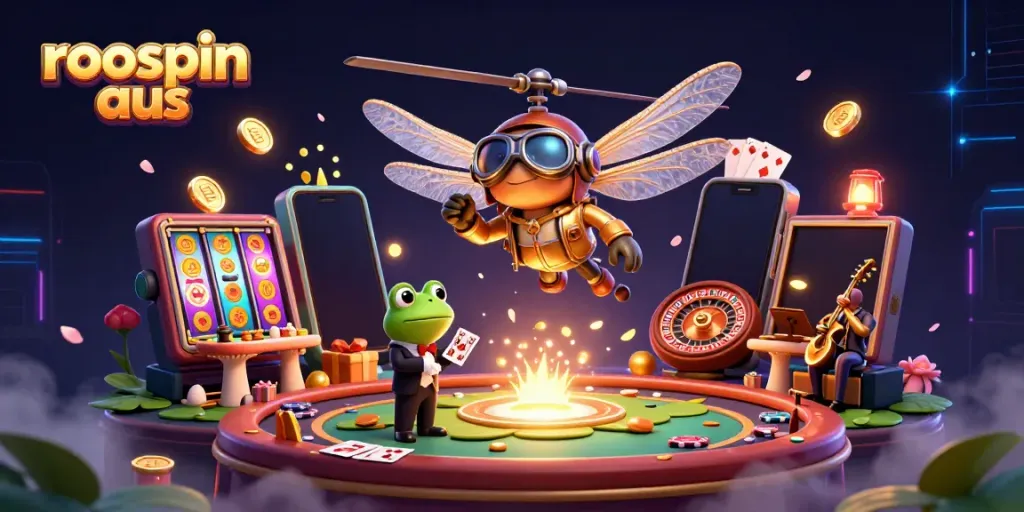 Engage with the whimsical roospin aus scene featuring a dragonfly pilot, frog croupier, and vibrant casino elements.