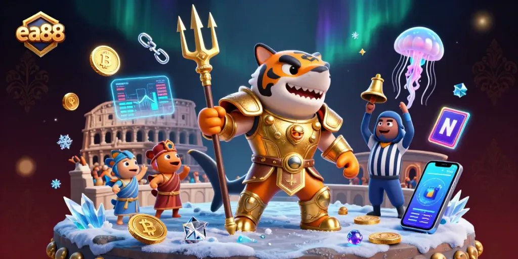 Win big with ea88 featuring an armored shark in a vibrant underwater colosseum filled with crypto elements.