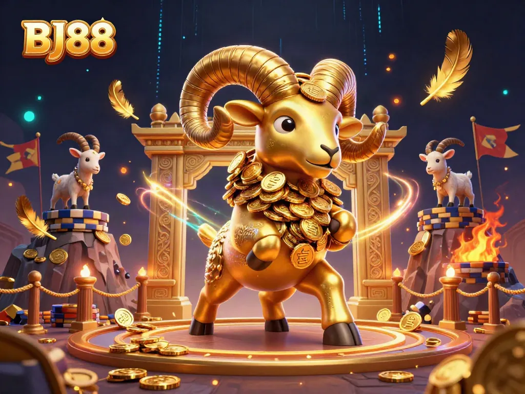 BJ88 showcases an exciting betting spectacle, featuring a golden ram amidst a vibrant sports betting arena.