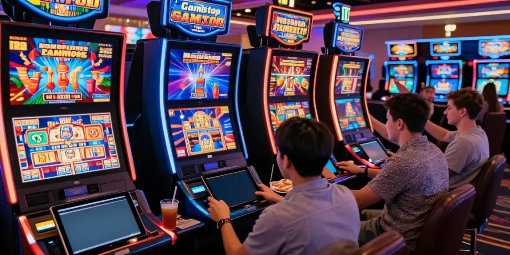 Players reveling in slots not on Gamstop at an upscale casino, vibrant atmosphere.